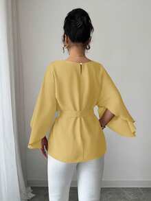 Rafferiza Áo cánh kiểu Pháp cổ tròn tay cánh dơi buộc eo màu đỏ bóng cho nữ, Xuân/Hè - Màu vàng - Xem 2