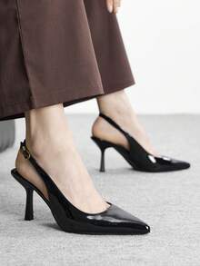 CUCCOO BIZCHIC Women's Pointed Toe Black Patent Leather Metal Buckle Open Toe Fashion Pumps, Elegant For Office And Commute Spring Shoes - Black - View 1