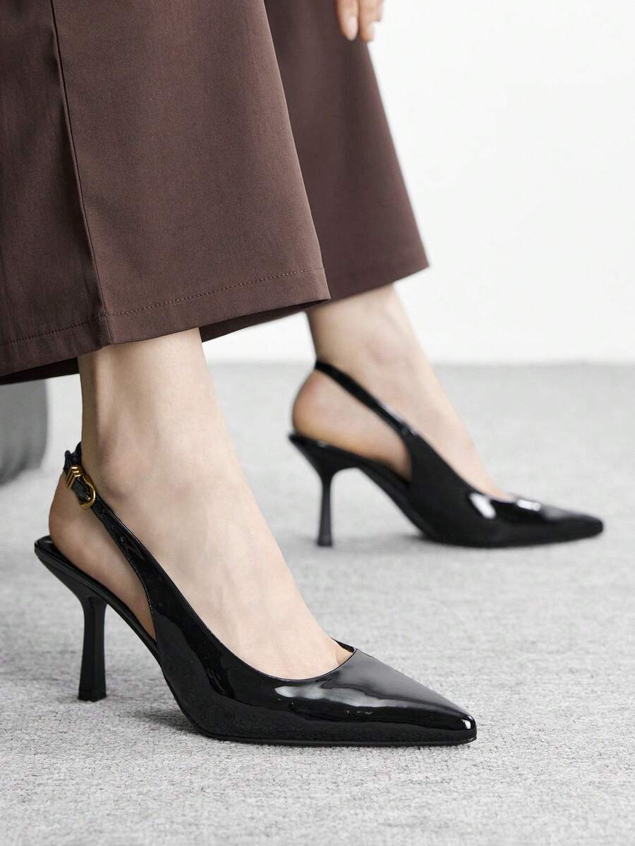 CUCCOO BIZCHIC Women's Pointed Toe Black Patent Leather Metal Buckle Open Toe Fashion Pumps, Elegant For Office And Commute Spring Shoes - Black - View 1