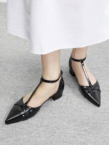 CUCCOO BIZCHIC 女士夏季新款镂空简约优雅粗跟百搭舒适绑带软皮中跟尖头户外凉鞋 - 黑色 - 查看 5