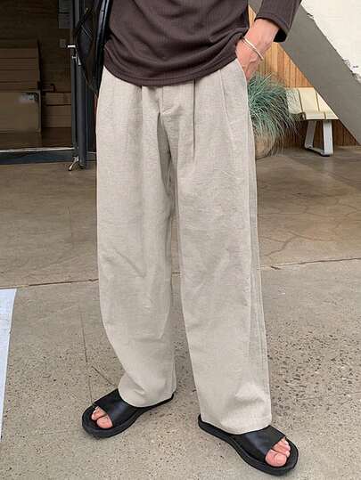 DAZY Men's Solid Color Khaki Elastic Waist Long Linen Pants, Spring/Summer