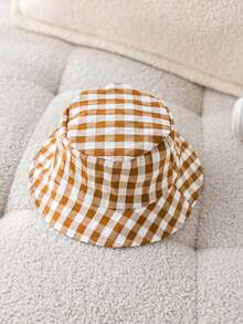 SHEIN LMoss Kids 两件套，含帽子，男女宝宝通用，杏色条纹无袖连体衣短裤和百搭渔夫帽，适合春夏度假旅行。 - 卡其色 - 查看 4