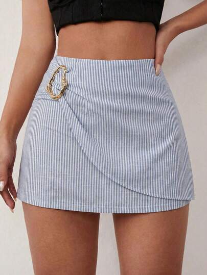SHEIN SXY 加大码夏季休闲条纹金属装饰裹身裙
