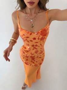 Aloruh 女士新款纯橙色亮片刺绣雪纺吊带修身长裙，性感垂褶领口，适合派对、婚礼、海滩、度假、晚宴、约会等场合 - 橘色 - 查看 6