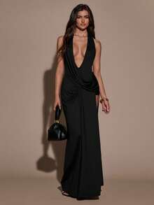 SHEIN BAE Đầm nữ gợi cảm tối giản màu trơn, xẻ tà cao, cổ chữ V sâu, hở lưng, buộc dây, thích hợp cho mùa hè. - màu đen - Xem 7