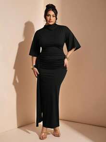 SHEIN BAE Đầm ngắn tay đơn sắc tối giản, cỡ lớn, thích hợp mặc hàng ngày. - màu đen - Xem 6