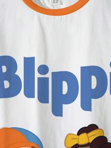 Blippi X SHEIN 女童休闲卡通字母印花T恤，夏季 - 白色 - 查看 5