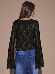 SHEIN BAE Autumn/Winter Women's Lace Sexy Deep V-Neck Sheer Hollow Out Ruffle Trim Long Sleeve Top, Wine Red, Suitable For Christmas, Halloween, Day Of The Dead - Black - View 2