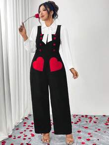 GlowEve CURVE Valentine DayPlus Size Women's Sleeveless Square Neck Corduroy Fabric Pocket Heart Decor Contrast Color Mushroom Button Jumpsuit, Elegant & Romantic For Autumn/Winter Date - Black - View 4