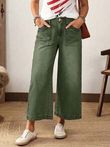 EMERY ROSE Plus Size Solid Color Casual Denim Jeans - Green - View 9