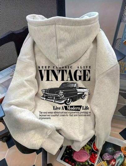 Sudadera Con Capucha De Cuello Redondo Para Hombre Con Estampado De vintage , Bolsillo Canguro Y Cordón, Manga Larga, Suelta Y Casual, Ideal Para Regalar En Otoño E Invierno Como Ropa De Hombre