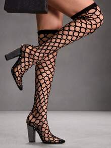 CUCCOO SZL بوت طويلة للفخذ ذات كعب سميك وتصميم مفتوح جذاب للحفلات والمناسبات، بوت موضة للربيع والعطلات الربيعية وعيد الفصح - أبيض وأسود - مشاهدة 2