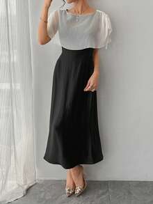 DAZY Women's Round Neck Mesh Shawl Patchwork Elegant Waist Cinched Long Party Dress - Black - View 4