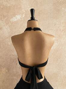 Soleia 新款度假风露背镂空腰部系带修身迷你连衣裙，波西米亚风，度假风，秋季女装，复古风，假日风 - 黑色 - 查看 7