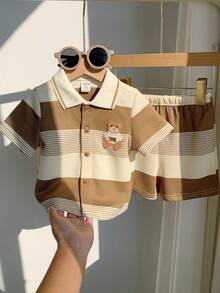 SHEIN 两件套男女通用婴儿服装，可爱夏季针织条纹卡通熊印花短袖T恤和松紧腰短裤，适合生日派对、锐舞派对、晚宴、演出、婚礼、宝宝满月、洗礼、一周岁生日庆祝、婚礼宾客、迎婴派对等场合。 - 彩色 - 查看 7