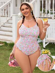 Swim Mod 大码女士印花吊带抽绳连体泳衣，沙滩装 - 彩色 - 查看 5