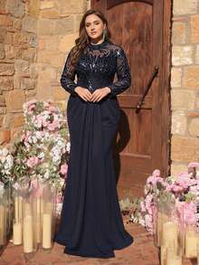 Glamrae Plus Size Elegant Navy Blue Luxurious 3D Beaded & Sequin Embroidered Asymmetrical Neck Sheer Long Sleeve Ruched Fishtail Formal Gown, Suitable For All Formal Occasions - Navy Blue - View 6