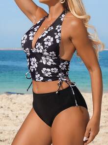 Swim Lushoire 女士两件套印花抽绳泳衣套装，夏季黑色高腰比基尼泳衣套装，高腰收腹泳衣，两件套印花泳装，Swim Oasis 两件套 - 彩色 - 查看 4