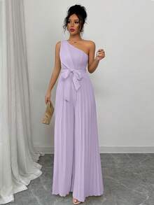 Elenzga Elegant Solid Color Ruched Waist One-Shoulder Jumpsuit For Women - Mauve Purple - View 5