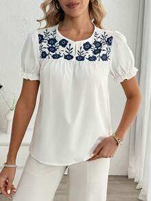 Louniche Elegant Vacation Floral Print Women's Round Neck Puff Sleeve Ruffle Hem Summer Blouse - White - View 4