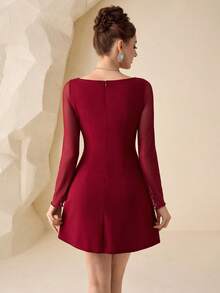 Modelyn 女士酒红色针织长袖网纱收腰A字型串珠连衣裙，春夏款 - 酒紅色 - 查看 2