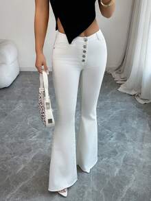 Elenzga Women's Mid-Rise Pocketed Button Casual Versatile Daily Wear Flare Jeans - White - View 3