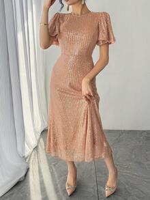 DAZY 女士优雅亮片装饰圆领荷叶袖中长连衣裙，夏季婚礼宾客礼服闪亮连衣裙吊带裙 - 粉色 - 查看 7