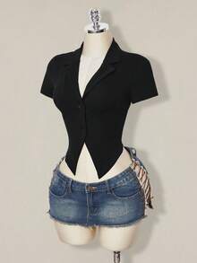 SHEIN ICON 女士时尚性感龙纹网纱拼接T恤，夏季 - 黑色 - 查看 5