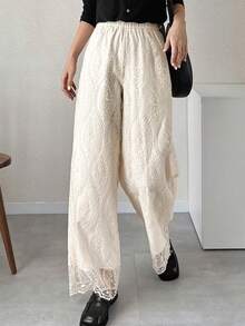 FRIFUL 女士纯色米色薄纱蕾丝面料直筒宽松休闲裤 - 米色 - 查看 5