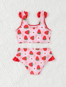 少女可爱休闲红色草莓印花泳装套装，肩部饰有红色蝴蝶结，适合度假，开启夏日时尚之旅。 - 紅色 - 查看 2