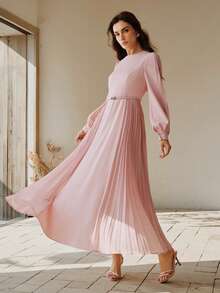 Anewsta 女士褶裥优雅收腰连衣裙 - 粉色 - 查看 4