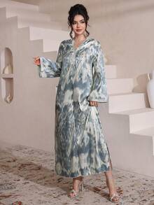 Al Najma 女士春夏蓝色扎染数码豹纹长袖连帽开衫和传统土耳其/阿拉伯长袍 - 藍色 - 查看 3