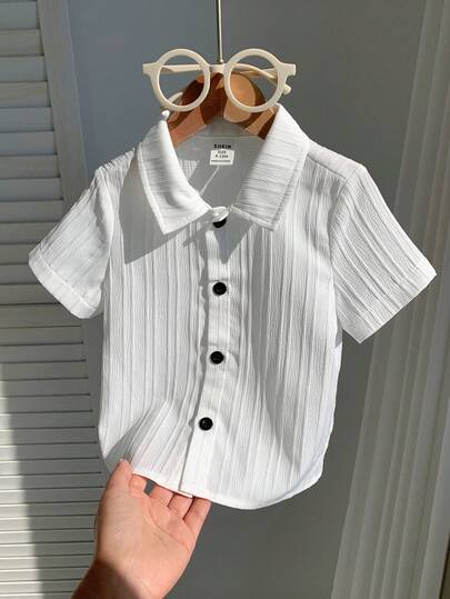 SHEIN Unisex Baby Boy/Girl White Short Sleeve Collared Woven Casual Vacation Top, Spring/Summer Baby Boy Clothes