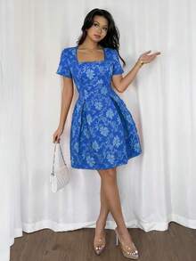 Rafferiza 女士优雅方领提花腰部褶裥短袖A字迷你连衣裙 - 寶藍色 - 查看 6