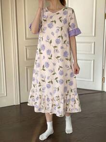 Teen Girl Short Sleeve Round Neck Digital Print Purple Floral, Comfortable Home Dress With Purple Ruffle Hem Design - Apricot - View 7
