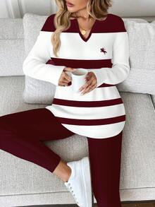 EMERY ROSE 2pcs/Set Women Plus Size Red Striped Long Sleeve T-Shirt And Leggings Set, Autumn/Winter - Multicolor - View 1