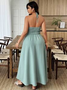 Weeklong Plus Size Women's Backless Spaghetti Strap U-Neck Waist Gathered A-Line Textured Fabric Casual Dress, Spring/Summer - Green - View 2