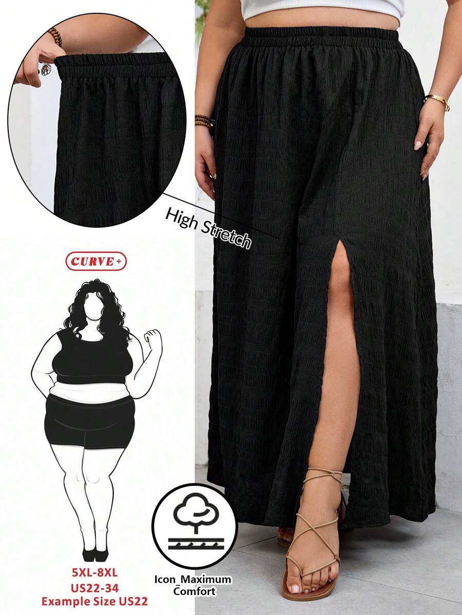 SHEIN CURVE+ Váy nữ dáng suông US22, thích hợp cho lễ hội âm nhạc, kỳ nghỉ biển, phong cách bohemian, màu trơn, cạp chun, xẻ tà bên hông, thích hợp mặc mùa hè. - màu đen - Xem 1