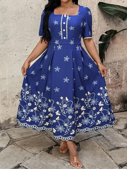 Breezaya Vestido de mujer de talla grande con estampado floral de retazos de cinta