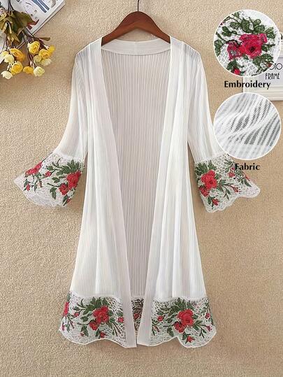 EMERY ROSE Plus Size Flare Sleeve Vintage Embroidery Sheer Long Casual Jacket