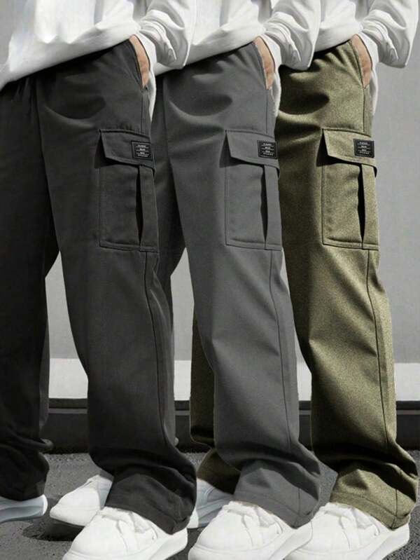 SHEIN Pantalones cargo casuales sueltos con cintura elástica y estampado de letras para niño preadolescente