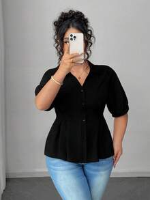 SHEIN CURVE+ 大码女式纯色简约时尚通勤收腰短袖衬衫，春夏款 - 黑色 - 查看 8