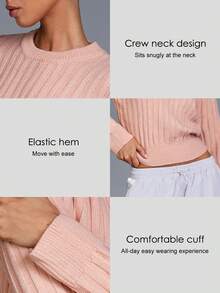 Menodora SHEIN Sport 女士休闲纯色圆领毛衣 - 粉色 - 查看 6