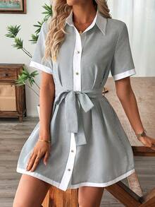 INAWLY 女士优雅条纹撞色白色领口开襟系带腰身喇叭下摆迷你连衣裙 - 灰色 - 查看 4