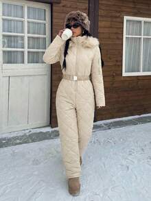 Muchica 白色毛绒帽和加厚连体衣，适合秋冬季雪地玩耍。 - 杏色 - 查看 4