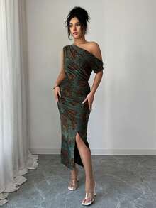 Rafferiza Elegant Off-The-Shoulder Sleeveless Dress  Slim-Fitting Dress With Ruched Hips And Overlapping Split Hem   Knitted Burnout Fabric Spring Dress   Green Base With Brown Floral Pattern Elegant Dress For Women   Women's Elegant Party Dress  Women's Elegant Long Dress   Women's Holiday Dress   Party Dress   Women's Spring Dress - Multicolor - View 3