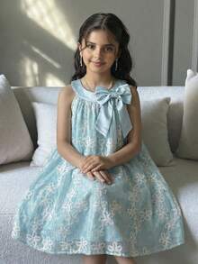 SHEIN Abito elegante e alla moda con collo rotondo e maniche corte per ragazze pre-adolescenti - Blu - Visualizzare 3