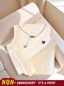 Resyla White Round Neck Tight-Fitting Tank Top With Red Heart Print On Front - White - View 4