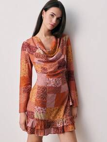 Nöista Print Dress, Mini Dress, Long Sleeve, Draped Neckline, Cowl Neck, Ruffled Hem, Flared Cuffs, Baby Overlock Finish Spring, Summer. - Multicolor - View 1