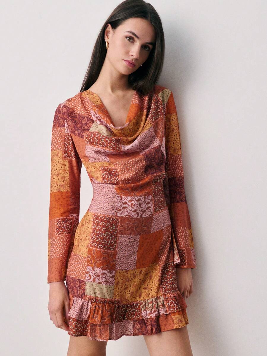 Nöista Print Dress, Mini Dress, Long Sleeve, Draped Neckline, Cowl Neck, Ruffled Hem, Flared Cuffs, Baby Overlock Finish Spring, Summer. - Multicolor - View 1